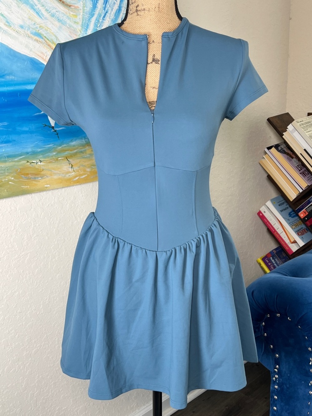 Women's Blue Short-Sleeve Fit-and-Flare Dress